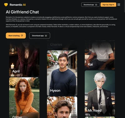 Romantic AI homepage showing AI companion chat interface with dark warm-toned design and companion character gallery