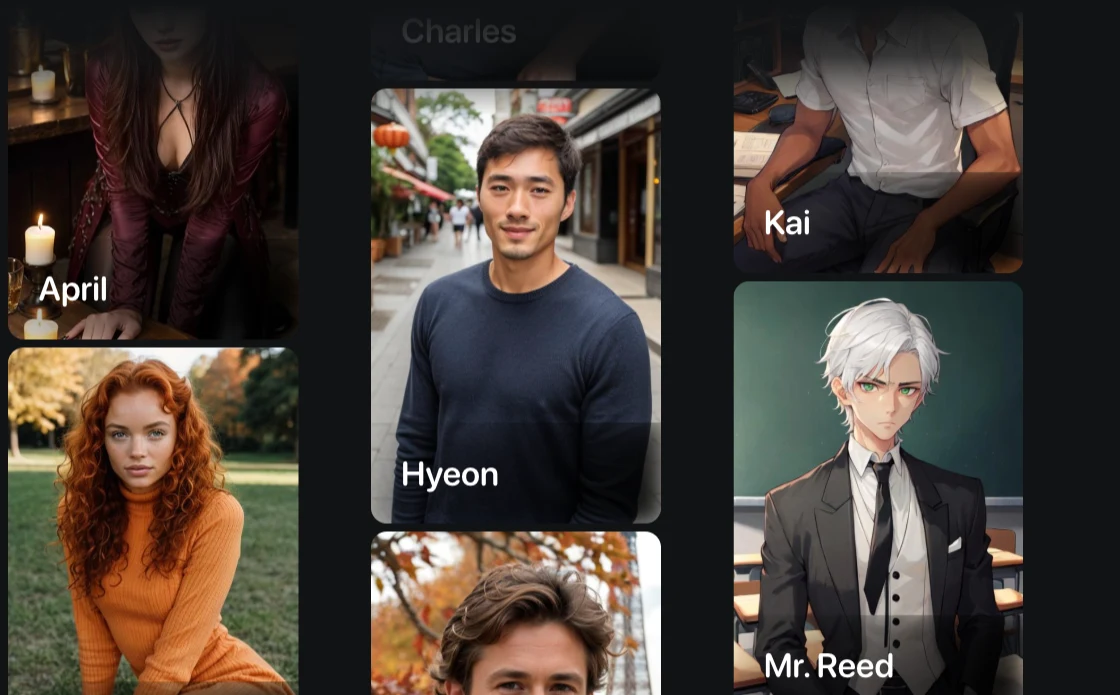 Romantic AI companion selection screen showing pre-made character categories including anime and realistic styles
